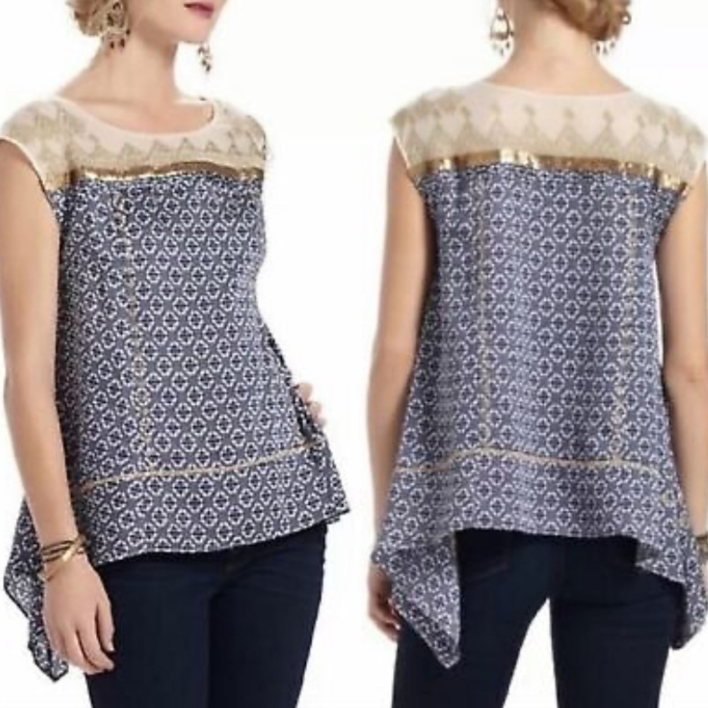 ANTHROPOLOGIE | FLOREAT Gold Lace Medallion Print Tunic Top Medium